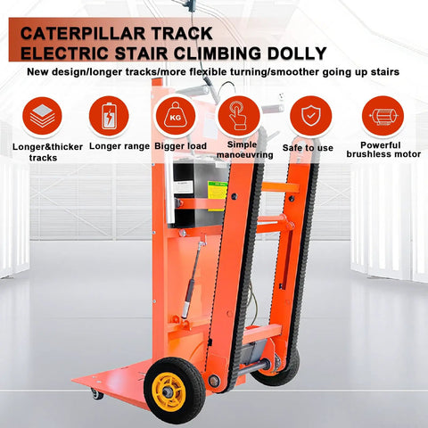 Heavy Duty Electric Stair Climbing Dolly With Extended Tracks, bright orange build, designed for easy loading on steep stairs.