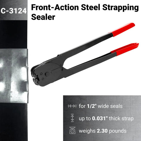 Double Notched Front Action Sealer Crimper For Half Inch Steel Strapping Manual Tool With 14 Inch Handle Heavy Duty Pro Grade Sealer For Horizontal And Vertical Use Heat Treated Wear Parts, 1/2 inch steel strap