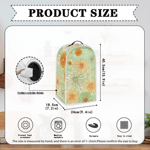 Cute Green Daisy Print Blender Dust Cover With Fingerprint Protection For Stand Mixer Or Coffee Maker featuring size details.