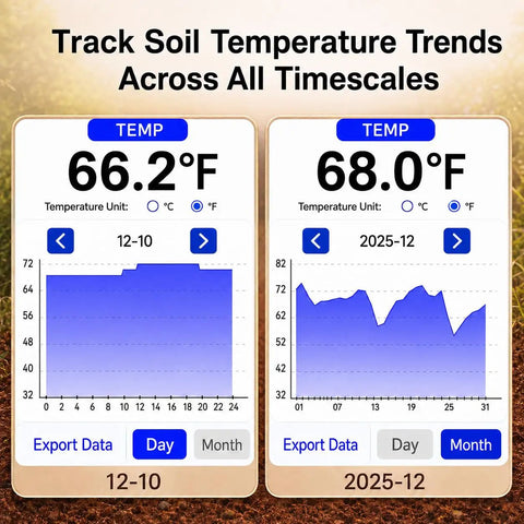 Dual Probes Leave In Soil Moisture Meter For Long Term Plant Care Real Readings On Soil Moisture Temperature And Sunlight Levels From Full Sun To Shade Indoor Outdoor Garden Monitoring. app temp charts