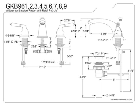 Technical diagram of Magellan GKB964 8 Inch Widespread Lavatory Faucet With Pop Up Drain 5 3/4 Inch Spout Reach Deck Mount 3 Hole Installation.