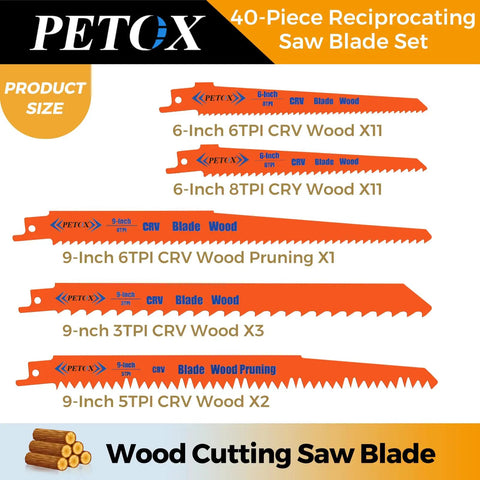 40 Piece Reciprocating Saw Blades Set For Metal Wood Plastic Cutting With Organizer Pouch display of 6 and 9 inch wood blades