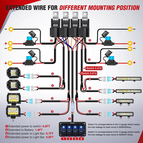 Diagram of a 12V LED Light Bar Wiring Harness Kit with 4 Gang On Off Rocker Switch Panel, showing power relay connections and fuses.