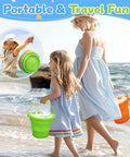 Mother and child at the beach with Foldable Beach Sand Toy Bucket Set Kid And Adult Friendly Fun Jumbo Collapsible Sandbox Pail