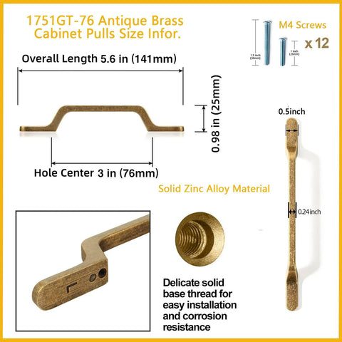 Antique Brass Cabinet Pulls 3 Inch Hole Center For Kitchen Drawers Zinc Alloy Solid Hardware with dimensions and details.