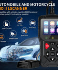 2-In-1 OBD2 Scanner For Cars And Motorcycles With Live Data, Engine Fault Code Reader shown beside a car illustration and icons