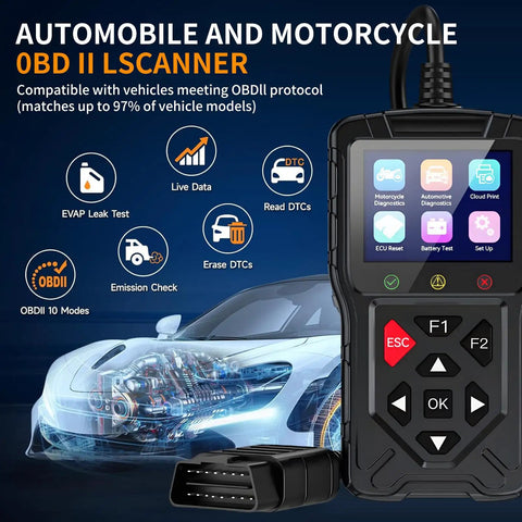 2-In-1 OBD2 Scanner For Cars And Motorcycles With Live Data, Engine Fault Code Reader shown beside a car illustration and icons