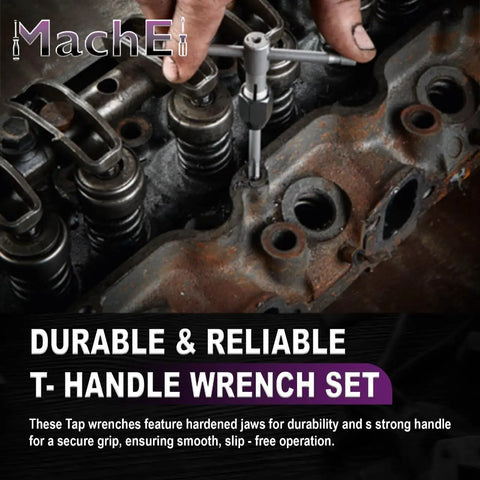 Three Piece T Handle Tap Wrench Set With Solid Collet Jaws in use on rusty engine block for precise metalwork and repairs