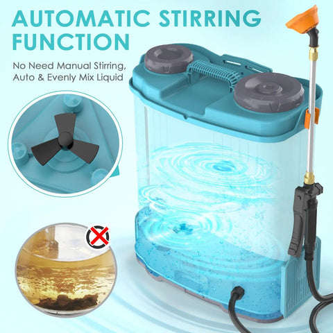 Battery Powered Backpack Sprayer Four Point Two Gallon For The Yard With 0 To 100 PSI Adjustable Spray, transparent tank with mixing function
