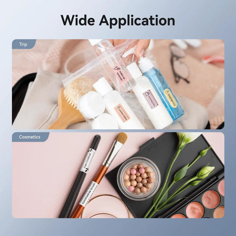 Wide application of Compact Thermal Label Printer 300DPI High Resolution Portable Label Maker for organizing cosmetics and travel essentials.
