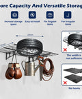 Beefy Heavy Duty Garage Wall Shelves Set, 2x6 Ft Metal Storage Racks, Four Wall Mounted Floating Shelves 24x36 Inches With Hooks, Each Shelf Holds Up To 350 Lbs, Space Saving Organizer For Tools And Gear displaying stored items like a tire and garden tools.