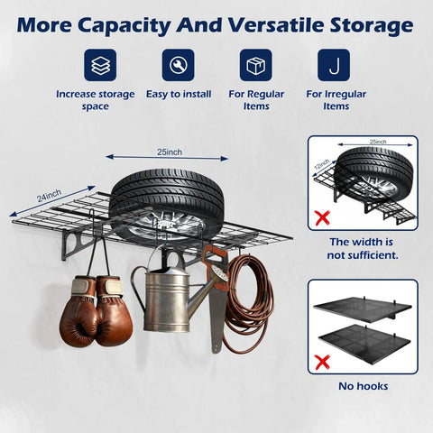 Beefy Heavy Duty Garage Wall Shelves Set, 2x6 Ft Metal Storage Racks, Four Wall Mounted Floating Shelves 24x36 Inches With Hooks, Each Shelf Holds Up To 350 Lbs, Space Saving Organizer For Tools And Gear displaying stored items like a tire and garden tools.