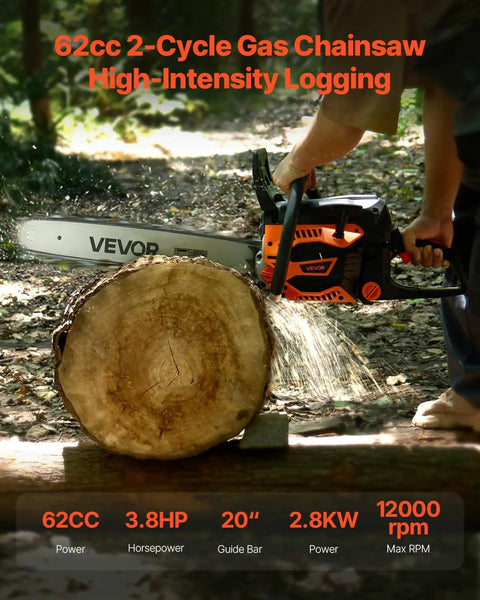 Heavy Duty Gas Chainsaw With 20 Inch Bar And 62cc Two Stroke Engine Delivers 3.8 HP Power Dual Fuel Tanks Non Slip Handle For Wood Cutting