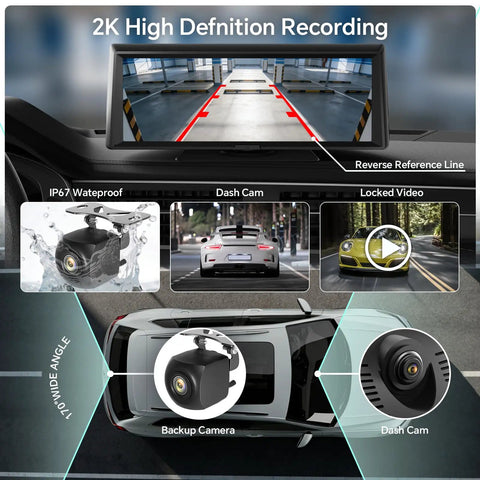 Dashboard view of 8.1 Inch Wireless CarPlay Car Stereo with Android Auto and Mirror Link, featuring 2K dash cam and backup camera.
