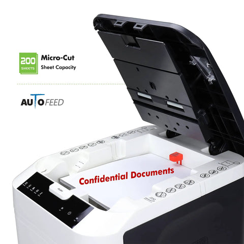 Pro Grade Auto Feed Micro Cut Paper Shredder With 200 Sheet Capacity 60 Minute Run Time High Security P5 120 Volt Jam Resistant Quiet Performance For Home Office Or Small Business with open lid showing interior.