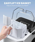 Sleek Countertop Ice Maker With Portable Stainless Steel Design And Easy Carry Handle, showcasing EasyLift ice basket with ice cubes.