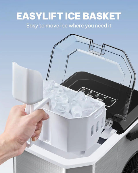 Sleek Countertop Ice Maker With Portable Stainless Steel Design And Easy Carry Handle, showcasing EasyLift ice basket with ice cubes.