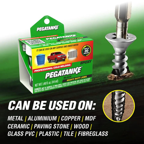 Two Part Epoxy Resin And Cold Weld Adhesive For Gas Tanks And General Repairs Beefy Heavy Duty High Temperature Waterproof Bond 1.48 oz Built To Take Heat And Last Through Tough Metal Fixes, shown with packaging emphasizing usage on metals, wood, and more.