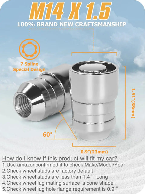 M14x1.5 Wheel Locking Lug Nuts Set Of 6 Conical 60 Degree Seat 1.5 Inch Length showing chrome finish and 7 spline design details.