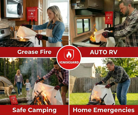 4 Pack 40x40 Inch Fiberglass Fire Blankets With 1 Pair Fire Resistant Gloves and 4 Hooks for various fire suppression scenarios