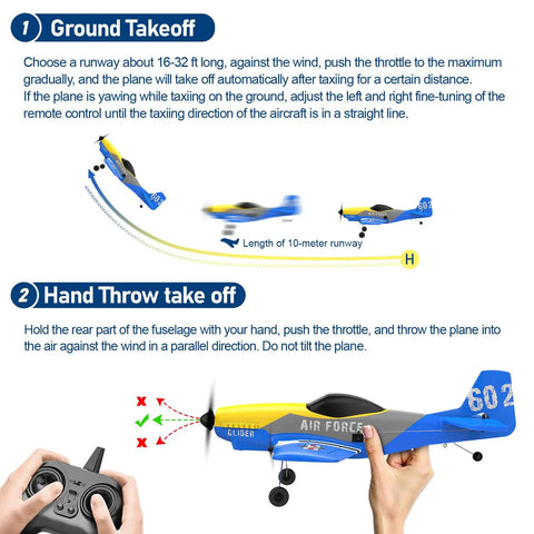 Instruction image showing ground and hand throw takeoffs for Foam RC Airplane For Beginners With 6 Axis Gyro Stabilizer And 2.4GHz Remote.