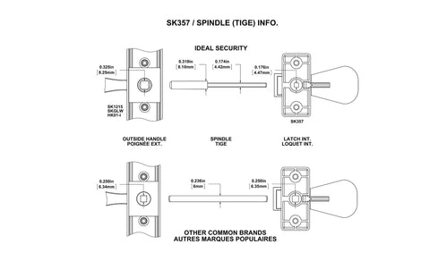Diagram of Pull Handle Set With Keyed Deadbolt For Storm Doors showing spindle and latch sizes in matte black surface mount modern pull design.