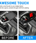 Before and after images of Gear Shift Knob Head Cover for Dodge Charger Challenger Durango ABS Interior Shell Insert Decoration Protector with Red Trim Easy Snap On Install No Tape Custom Fit Car Accessory Upgrade