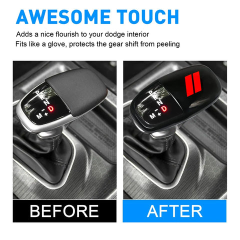 Before and after images of Gear Shift Knob Head Cover for Dodge Charger Challenger Durango ABS Interior Shell Insert Decoration Protector with Red Trim Easy Snap On Install No Tape Custom Fit Car Accessory Upgrade