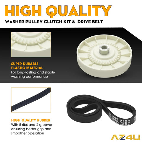 Beefed Up All In One Washer Pulley Clutch Kit with 21 Inch Drive Belt Replacement, durable plastic and rubber components visible