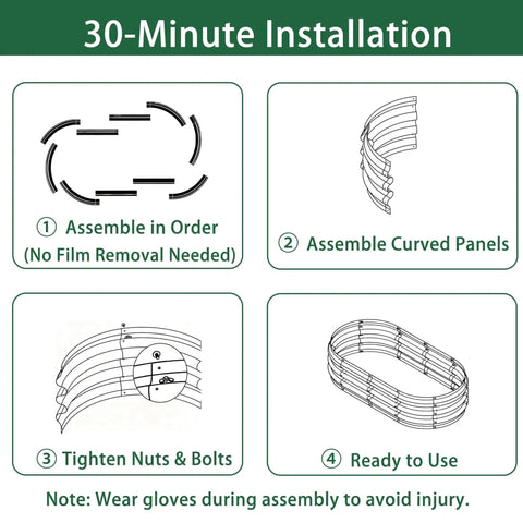 Assembly steps for Two Pack Raised Garden Bed Kits 4x2x1 Ft Green Oval Galvanized Metal Planter Beds for Vegetables Flowers and Herbs.