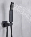 Straight Fire Black Shower System With Switchable Led Color Changing Lights And Wide Spray Rain Head Paired With Nifty Handheld Sprayer For Dang Smooth Diverter Valve Bathroom Flex, matte black handheld sprayer with water flow.