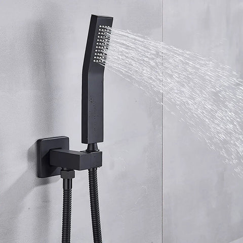 Straight Fire Black Shower System With Switchable Led Color Changing Lights And Wide Spray Rain Head Paired With Nifty Handheld Sprayer For Dang Smooth Diverter Valve Bathroom Flex, matte black handheld sprayer with water flow.