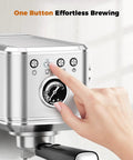 Close-up of hand pressing button on No Hassle One Touch Espresso Maker For Latte Americano Iced Coffee Silver Chassis pro-grade model.