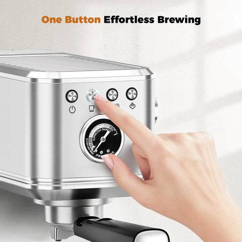 Close-up of hand pressing button on No Hassle One Touch Espresso Maker For Latte Americano Iced Coffee Silver Chassis pro-grade model.