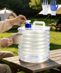 Foldable Water Container With Spigot And Gloves 3L for camping, collapsible design on picnic table outdoors