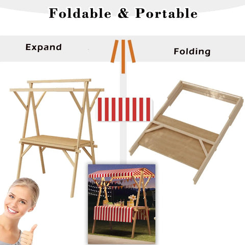 Built Tough Wood Roll Out Food Cart On Wheels With No Sweat Assembly For Street Vendors And Farmers Markets, foldable design shown.
