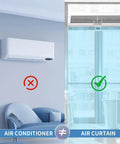 Comparison of an air conditioner and a sixty inch high velocity air curtain for doors that chases pesky flies with straight up powerful 1530 cfm flow.
