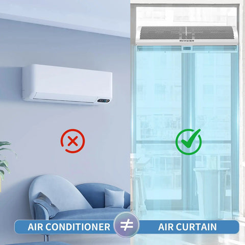 Comparison of an air conditioner and a sixty inch high velocity air curtain for doors that chases pesky flies with straight up powerful 1530 cfm flow.
