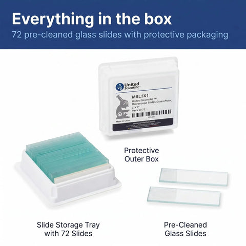 Ready To Use Pre-Cleaned Glass Microscope Slides 3x1 Inches, 72 Pack With Ground Edges And 1.0-1.2mm Thickness For Pro-Grade Lab And Classroom Use, No Prep Time Required, slide tray and box