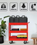 Heavy Duty 3 Tier Service Cart On Wheels With Locking Brakes, 400 Pound Capacity, Red utility cart filled with toolboxes in room