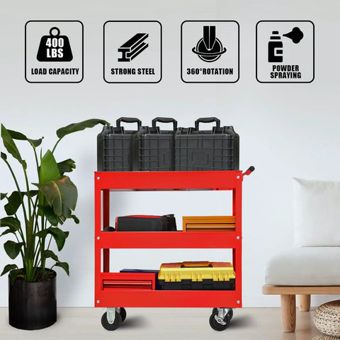 Heavy Duty 3 Tier Service Cart On Wheels With Locking Brakes, 400 Pound Capacity, Red utility cart filled with toolboxes in room