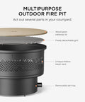 26 Inch Fire Pit With Grill And Lid For Outdoor Use showing components: wood grain lid, detachable grill, hollow mesh vent, ash tray