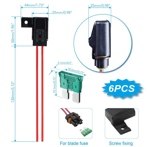 Heavy Duty 12AWG Waterproof Inline ATO ATC Blade Fuse Holder With Secure Cover For Cars Trucks And Boats Comes Loaded With Six 30A Fuses and Twelve Heat Shrink Butt Connectors, dimensions and components shown.
