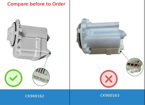 Comparison of two washer pump motors, CK900162 and CK900163, highlighting correct model for DP040-018 Washer Drain Pump Motor Replacement.