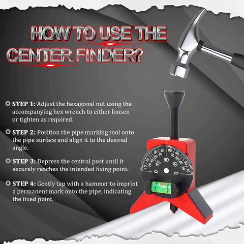 Front view of red pipe center finder with magnetic centering head and dial protractor for 1.5–6 in pipe diameters.