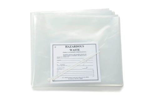 Clear hazardous waste disposal bags with labeling and ties, part of Universal Spill Kit For Oil And Chemical Spills, Portable High-Visibility Yellow Tote With Quick-Grab Design, Absorbent Pads And Socks For Trucks, Garages, Workshops And Emergency Spill Response.