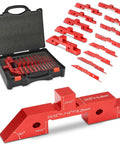 Front view of 14-piece red aluminum table setup blocks with storage case; height, depth, angle, fence alignment.