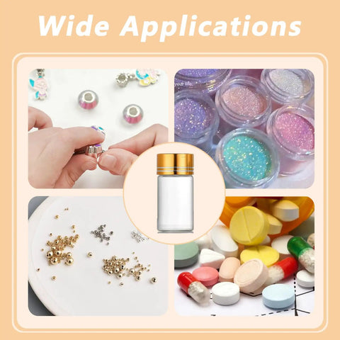 Four Pack Tiny Glass Jars With Lids 2ml Mini Vials for beads, glitter, pills, crafts, showcasing versatility and wide applications