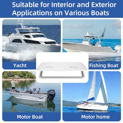 White Rectangle Boat Hatch Lid 24 By 14 Inch Deck Access Door Cover For Bass Boat John Boat Fishing Skiff Sailboat Yacht And RV Camper Van Durable Weatherproof Two Pack, shown with various marine applications.