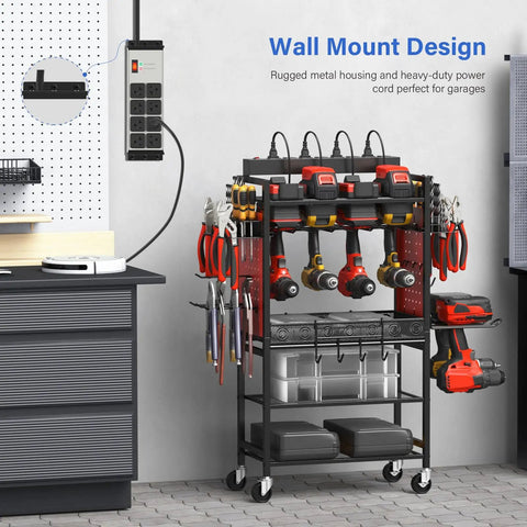 Two Pack Heavy Duty Power Strip With Eight Outlets And 20 Amp Surge Protection wall-mounted in a garage near tools
